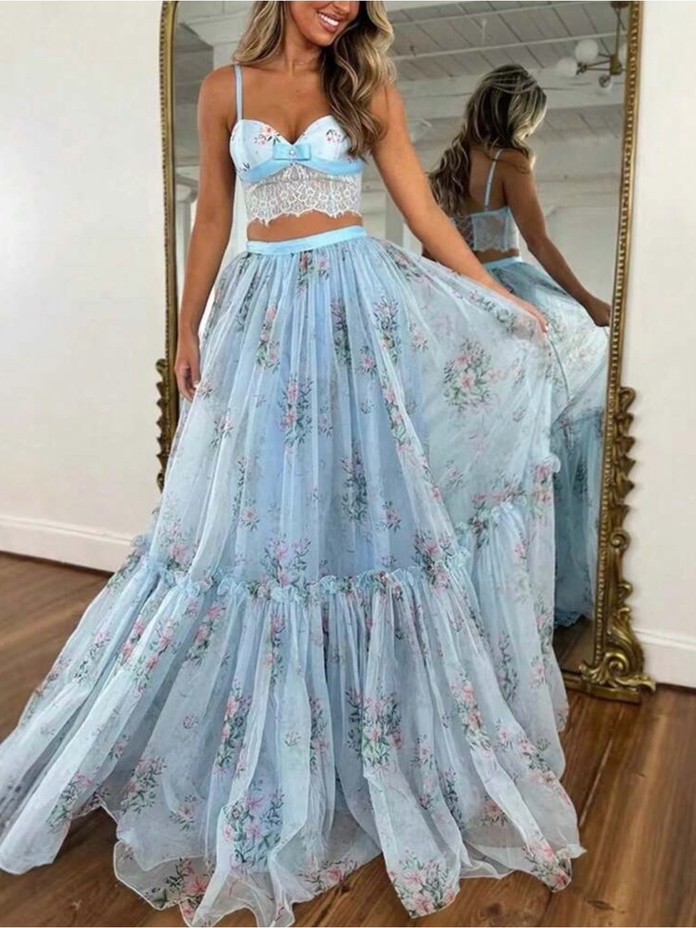 Light Blue Floral Two-Piece Maxi Skirt Set